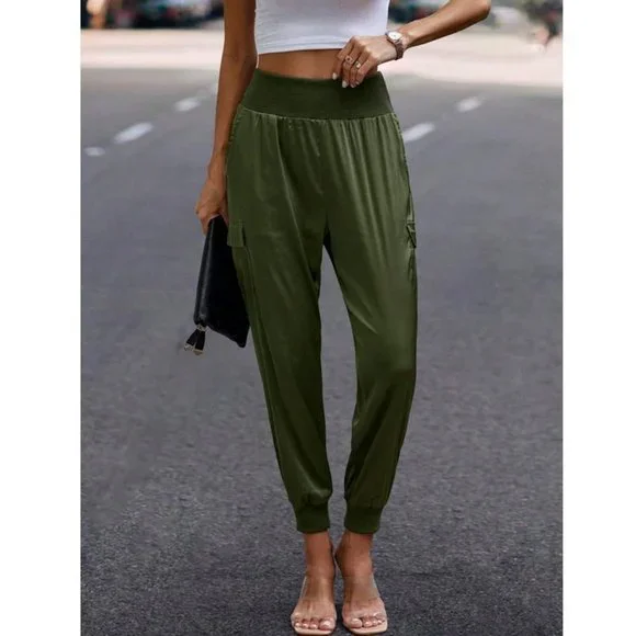 Luxe Look Satin Pocketed High Waist Joggers - Army Green - Picture 2 of 6